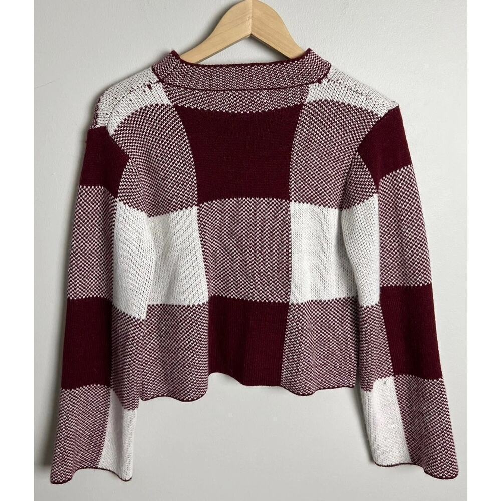 Shein Burgundy White Checkered Knit Sweater Size Medium Cropped Long Sleeve Wm’s - Picture 2 of 7